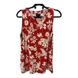 J.Jill Red Floral Rayon Blend Tunic Top White Flowers Size Medium Boho Chic